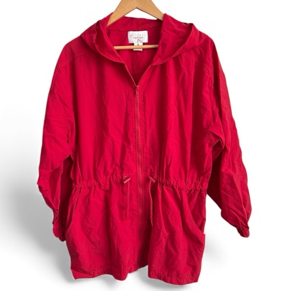 Vintage 90's Express Athlétique Red Nylon Hooded Windbreaker Jacket Size M